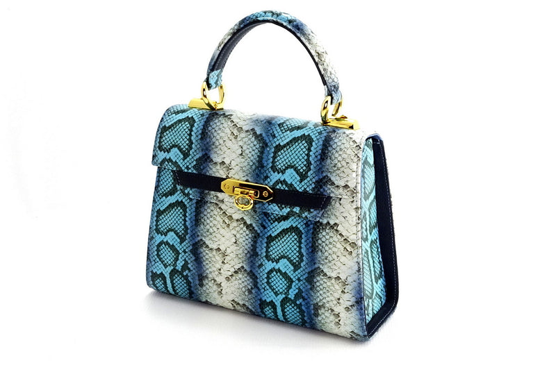 Handbag - traditional - (Beverly) Blue & white printed leather showing angled front view