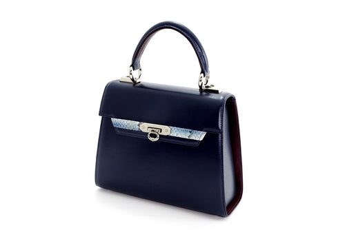 Handbag - traditional -(Beverly) Navy blue & burgundy & blue leather angled front view