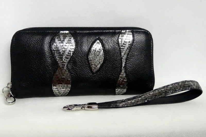 Michaela  Black leather silver sparkle detail ladies zip around purse side 2