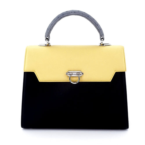 Handbag -traditional - (Joan) Black, lemon & grey colour combination - leather handbag showing flat view 
