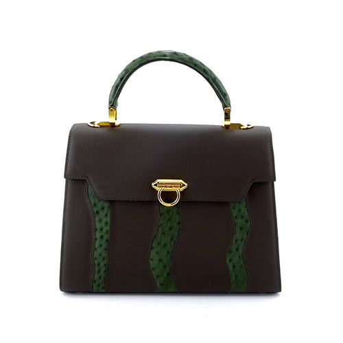 Handbag -traditional - (Joan) Grey & green combination & gold fittings.  Mid grey leather with green ostrich skin leather showing front flat view