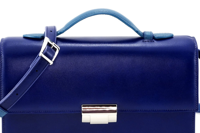 Handbag - cross body - (Tanya) Royal & Azure leather with Handle. This photo shows the buckle and the front closure fitting.