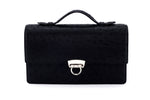 Handbag - cross body - (Tanya) black ostrich leather with handle. Front view with lid handle raised no shoulder strap.