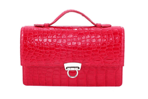 Handbag - cross body - (Tanya)  Red matt crocodile with Handle. The front view with the lid handle in raised position and shoulder strap removed.
