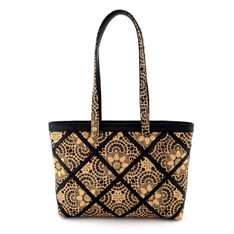 Emily Black & Cream Hessian fabric & leather medium tote bag shown with shoulder straps in upright position