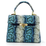 Handbag - traditional - (Beverly) Blue & white printed leather showing front view flat on