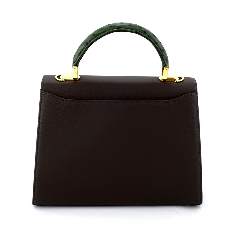Handbag -traditional - (Joan) Grey & green combination & gold fittings.  Mid grey leather with green ostrich skin leather showing showing back slip pocket