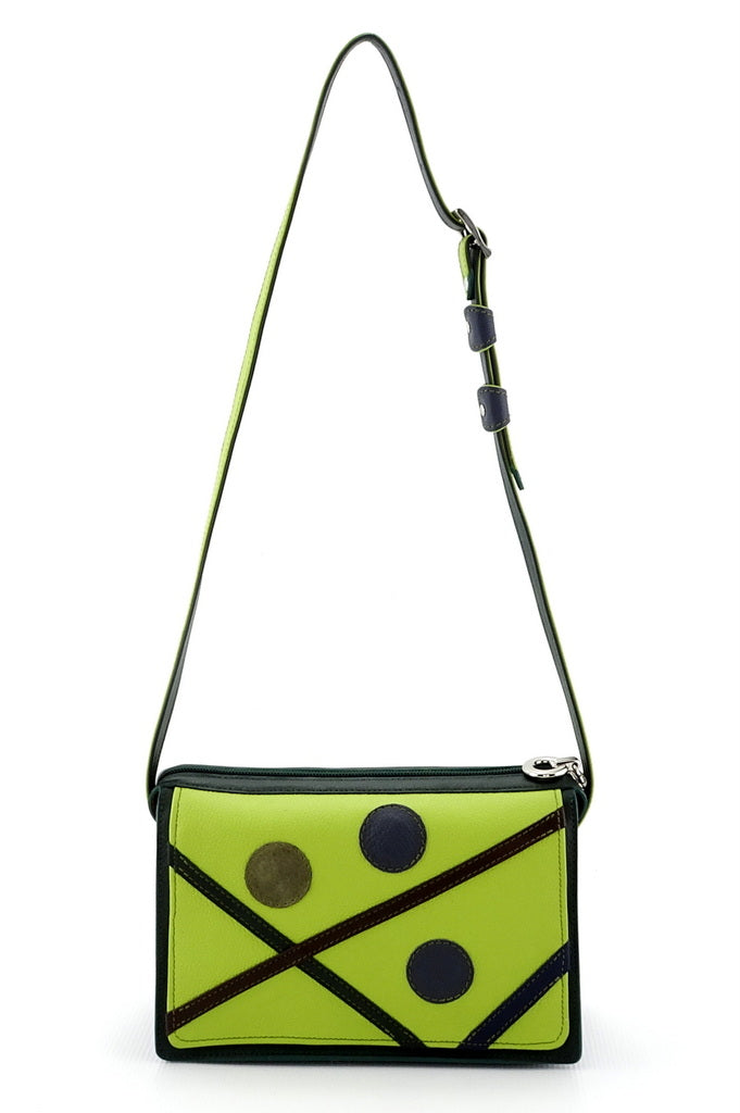Handbag - small - (Riley) Cross body bag - Lime, green, grey & brown showing view of shoulder straps fully extended