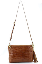 Tote Bag - small - (Rosie) Saddle tan crocodile skin long view shoulder straps extended