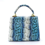 Handbag - traditional - (Beverly) Blue & white printed leather showing flat back view