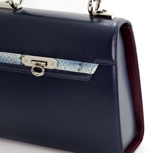 Handbag - traditional -(Beverly) Navy blue & burgundy & blue leather front view showing front feature & side gussett colour