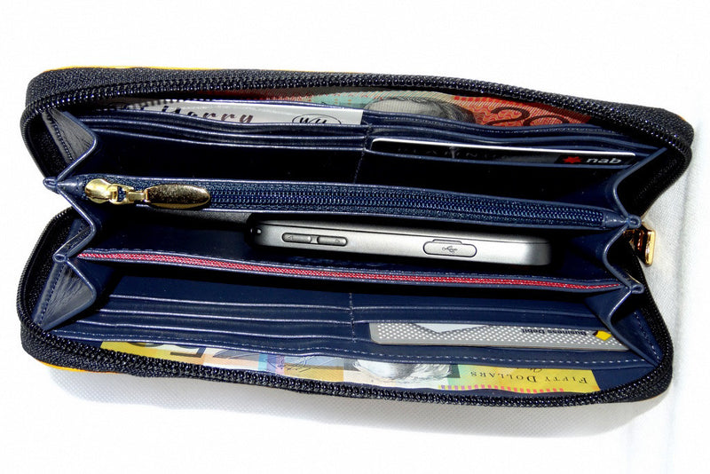 Michaela  Yellow & grey snake print leather ladies zip around purse inside pocket layout
