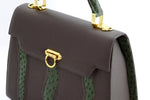 Handbag -traditional - (Joan) Grey & green combination & gold fittings.  Mid grey leather with green ostrich skin leather showing close up of front design and gusset sides