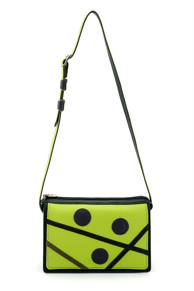Handbag - small - (Riley) Cross body bag - Lime, green, grey & brown showing front view with shoulder straps fully extended