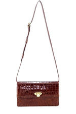 Handbag - cross body - (Tanya)  Cognac Tan glaze finish crocodile. A full view of the front of the bag with shoulder straps fully extended.