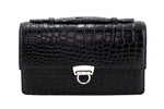 Handbag - cross body - (Tanya)  Black matt crocodile with Handle. In this photo the lid handle is sitting flat on the handbag lid.