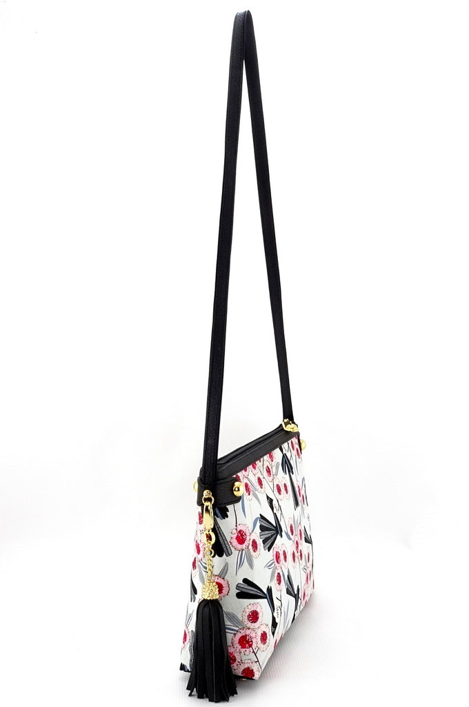 Tote Bag - small - (Rosie) Willy Wag Tail fabric with black leather end view of tassel