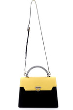 Handbag -traditional - (Joan) Black, lemon & grey colour combination - leather handbag showing flat front view with shoulder straps extended