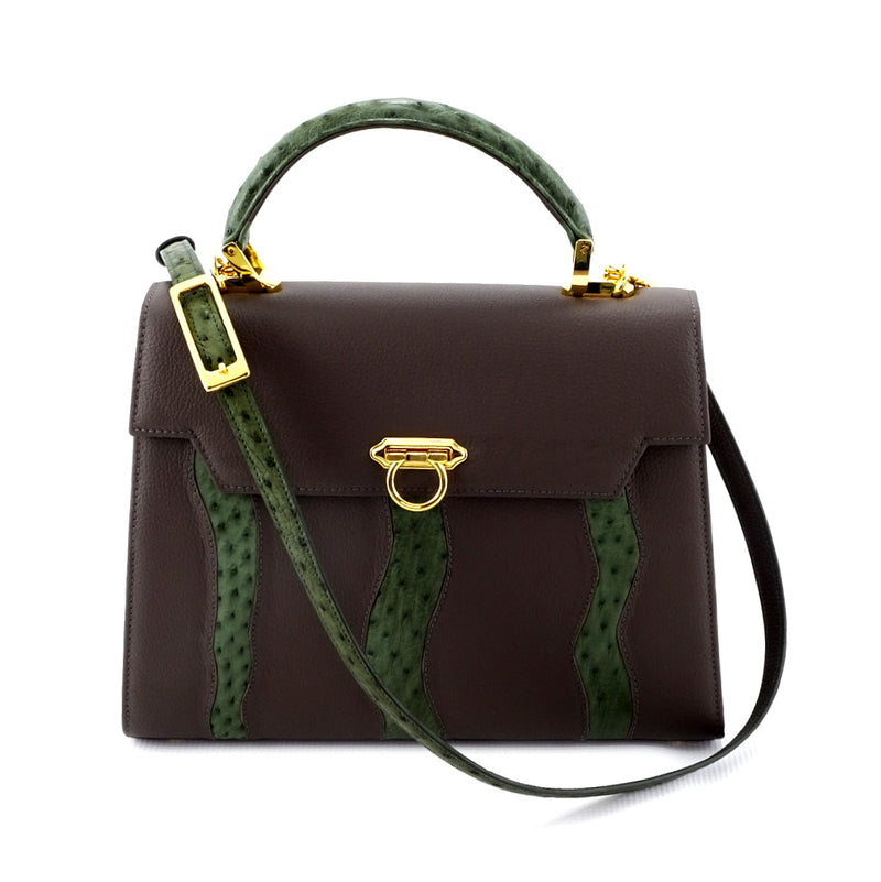 Handbag -traditional - (Joan) Grey & green combination & gold fittings.  Mid grey leather with green ostrich skin leather showing shoulder strap close up