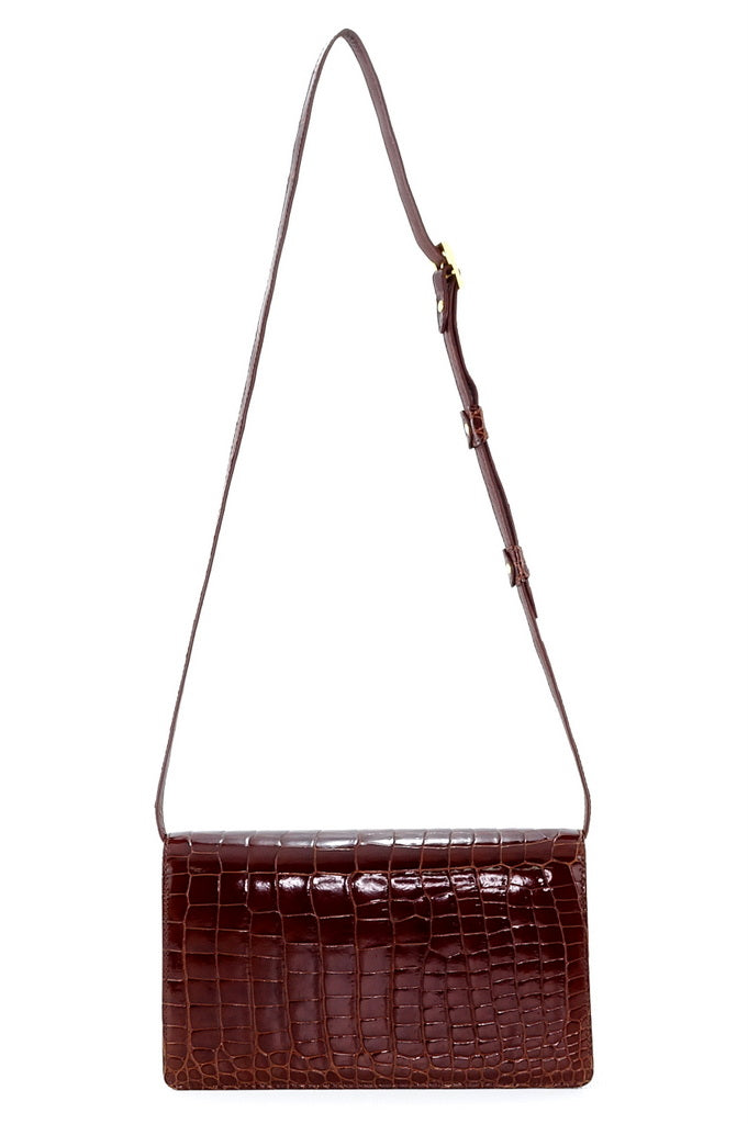 Handbag - cross body - (Tanya)  Cognac Tan glaze finish crocodile showing the back view of the handbag with the shoulder straps fully extended.