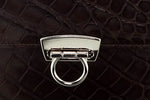 Handbag - cross body - (Tanya)  Chocolate matte crocodile. A close up view of the high quality Japanese front fitting.