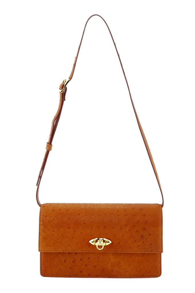 Handbag - cross body - (Tanya) Tan ostrich leather with handle. A long view of the front of the bag with shoulder straps fully extended.
