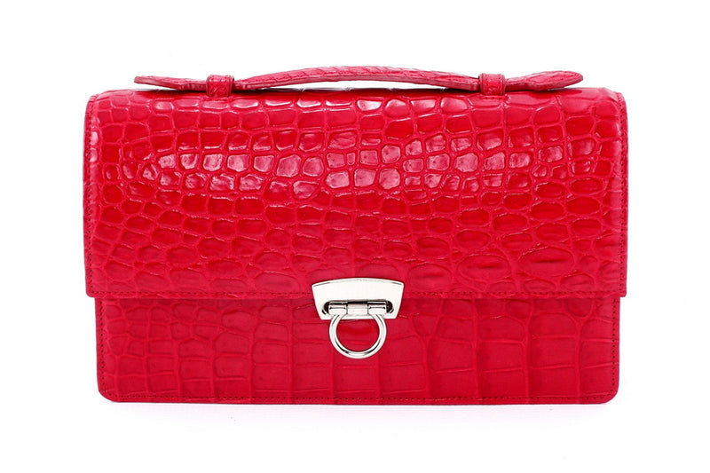 Handbag - cross body - (Tanya)  Red matt crocodile with Handle, showing no shoulder strap and lid handle sitting flat.