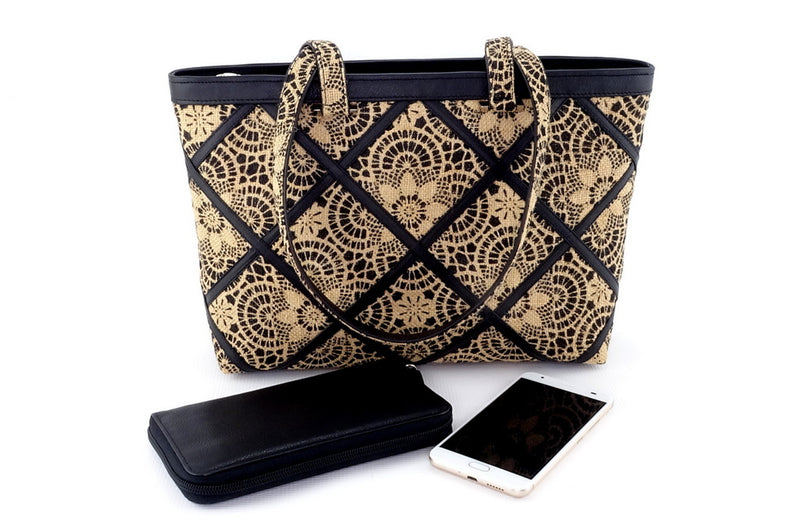 Emily Black & Cream Hessian fabric & leather medium tote bag showing bag with phone & one of our Michaela zip around purses