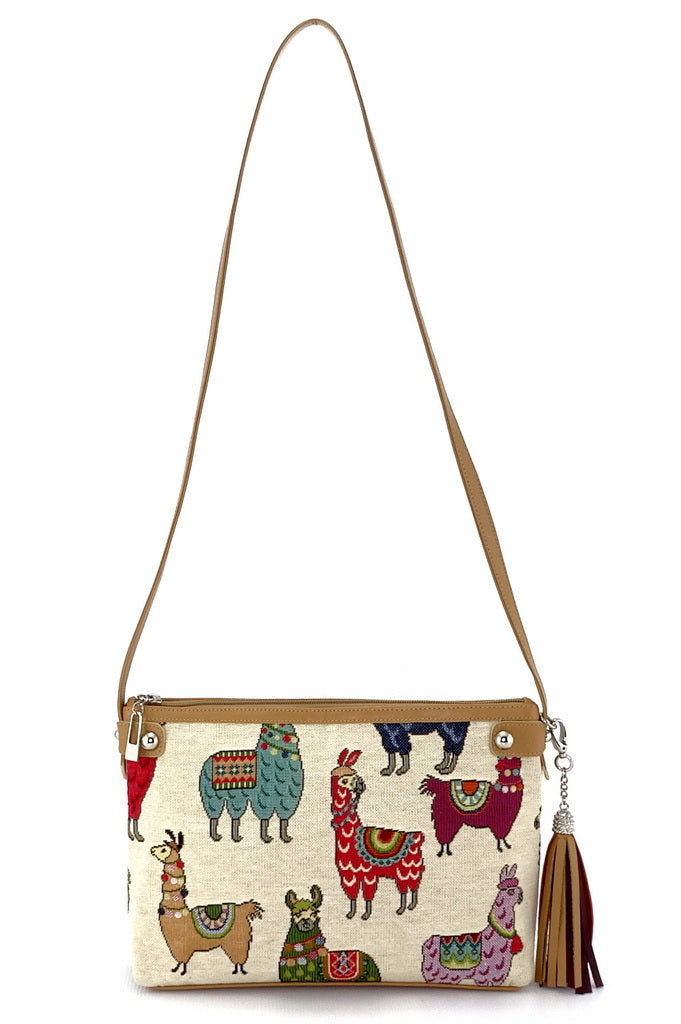 Tote Bag - small - (Rosie) Llama print fabric with beige leather trim