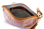 Tote Bag - small - (Rosie) Saddle tan crocodile skin showing internal pocket layout