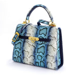 Handbag - traditional - (Beverly) Blue & white printed leather showing angle front view with shoulder strap attached