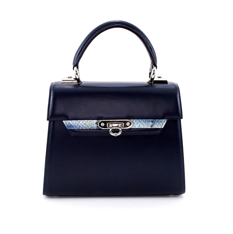 Handbag - traditional -(Beverly) Navy blue & burgundy & blue leather showing flat front view