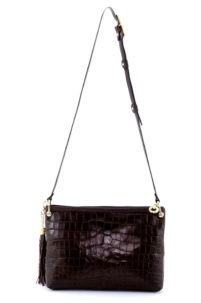 Tote Bag - small - (Rosie) Red Chocolate Matt crocodile skin full view with shoulder straps extended