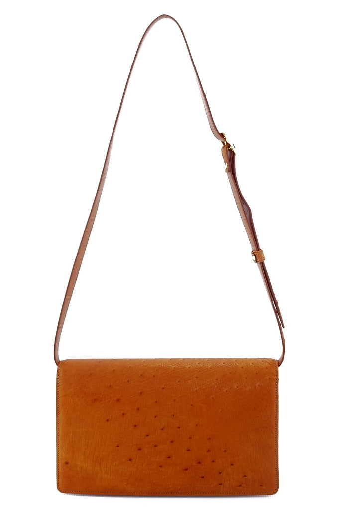 Handbag - cross body - (Tanya) Tan ostrich leather with handle. A back view of the bag with the shoulder straps fully extended.