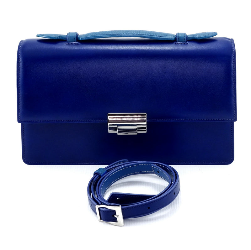 Handbag - cross body - (Tanya) Royal & Azure leather with Handle. This photo is of the front of the bag with lid handle set flat and the shoulder strap shown with the bag.