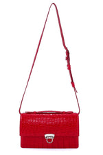 Handbag - cross body - (Tanya)  Red matt crocodile with Handle. A front view with shoulder straps fully extended and lid handle sitting flat.
