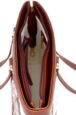 Emily  Tan Hair on hide patchwork leather tote bag inside view showing internal pockets & key holder