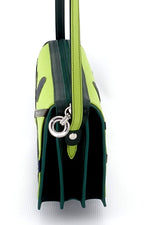Handbag - small - (Riley) Cross body bag - Lime, green, grey & brown showing end view with zip pull and shoulder strap attachment