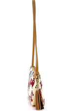 Tote Bag - small - (Rosie) Llama print fabric with beige leather trim view of tassel end