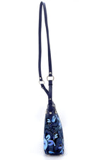 Tote Bag - small - (Rosie) Aboriginal print fabric with navy blue leather, end view