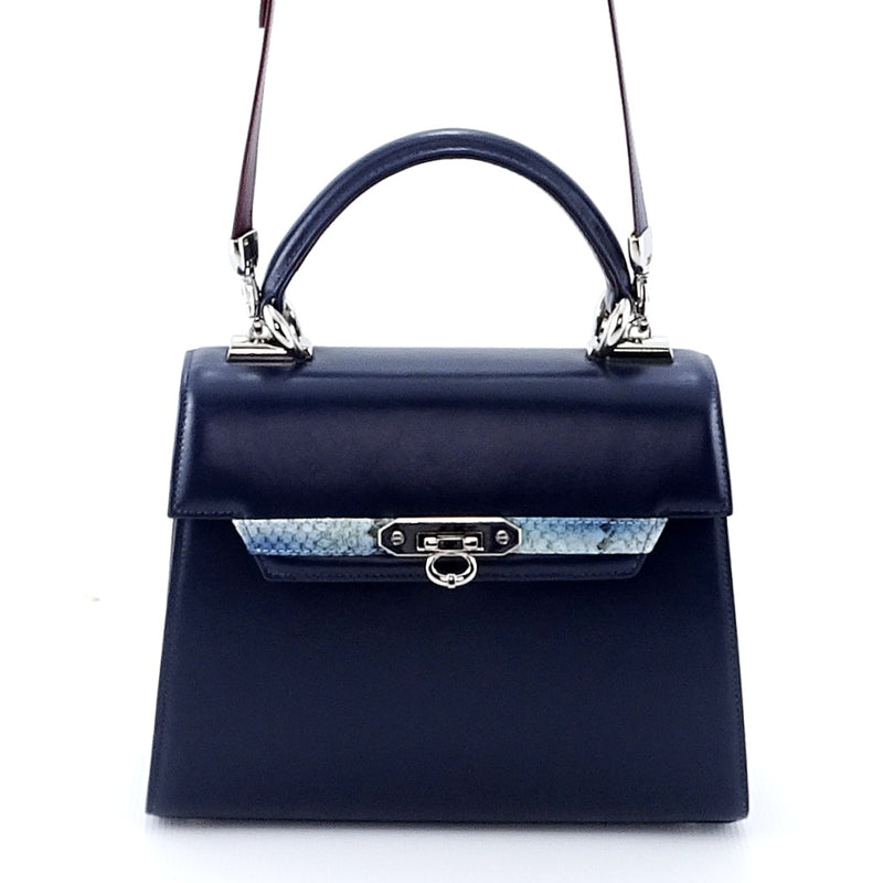 Handbag - traditional -(Beverly) Navy blue & burgundy & blue leather showing handel attachments from the front