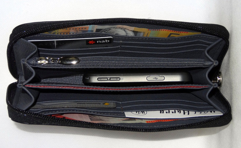 Michaela  Black textured leather zip around purse inside pocket layout