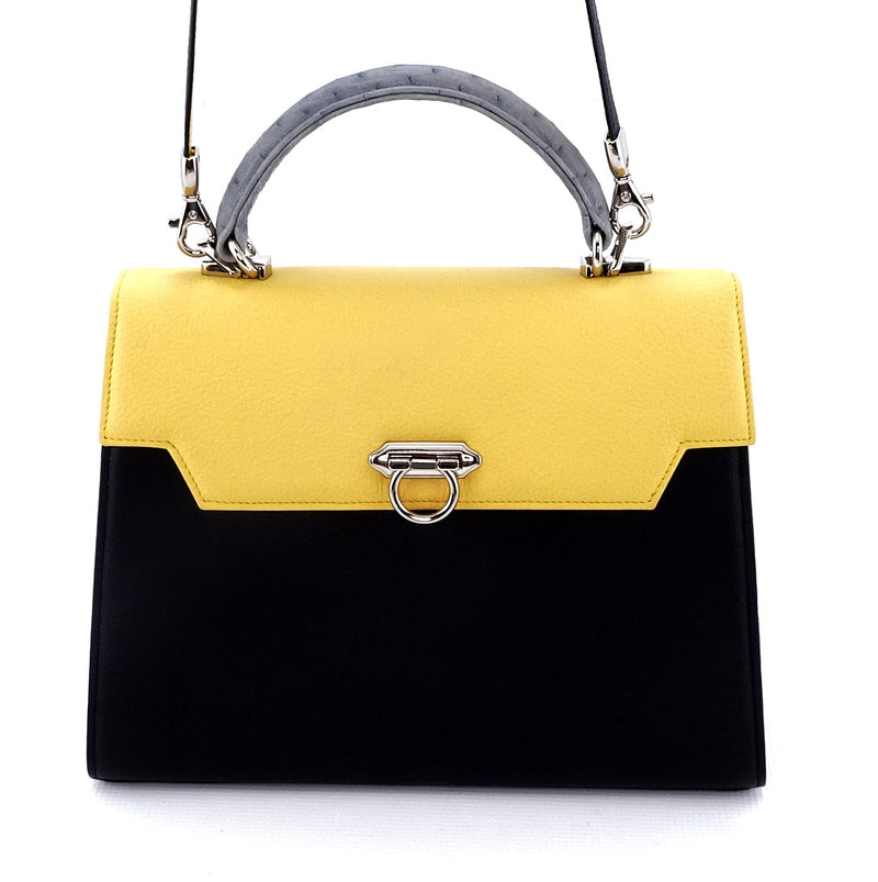 Handbag -traditional - (Joan) Black, lemon & grey colour combination - leather handbag showing shoulder strap fittings