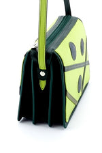 Handbag - small - (Riley) Cross body bag - Lime, green, grey & brown showing end view on an angle