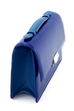 Handbag - cross body - (Tanya) Royal & Azure leather with Handle. A side view which shows the contrasting colours. The azure handle and side and bottom gussets.