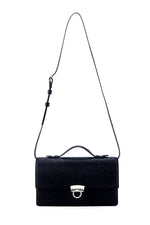 Handbag - cross body - (Tanya) black ostrich leather with handle. The front view with shoulder straps fully extended.