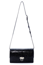 Handbag - cross body - (Tanya)  Black Glaze crocodile. Black glaze Australian saltwater crocodile leather handbag. This photo showing the front view with shoulder strap attached and fully extended, front view.