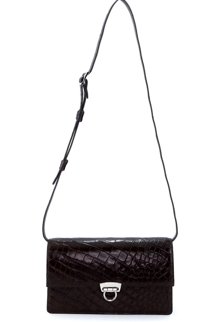 Handbag - cross body - (Tanya)  Chocolate matte crocodile. A photo of the front of the bag with the shoulder straps fully extended.