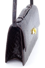 Handbag - cross body - (Tanya) Dark brown crocodile with handle. A side gusset photo showing crocodile pattern.