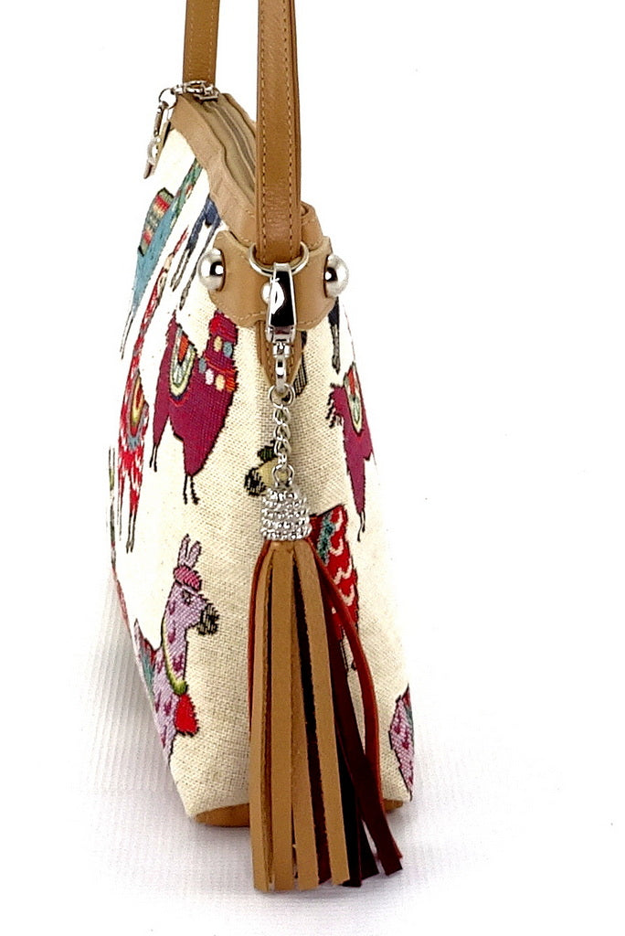 Tote Bag - small - (Rosie) Llama print fabric with beige leather trim showing tassel